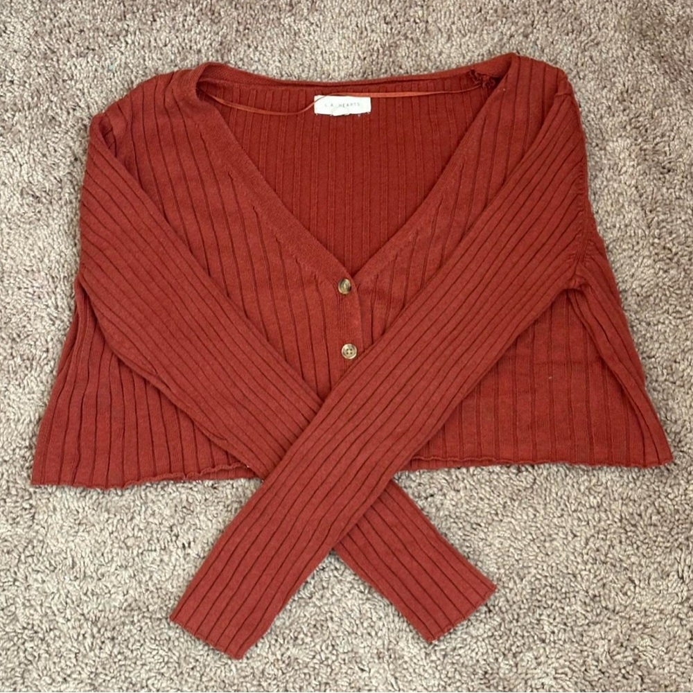 Rust Ribbed Button-Up Cardigan - Picture 3 of 5